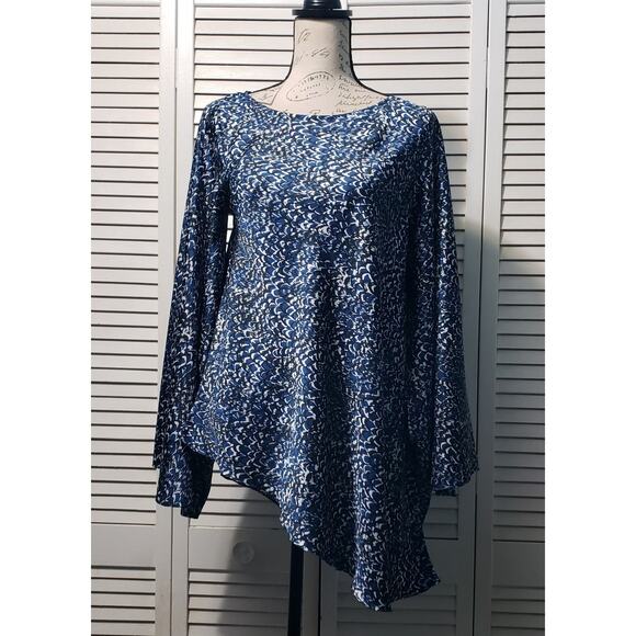 Laundry By Shelli Segal Asymmetric Top Women's Small Blue Print Flare Sleeve - Picture 1 of 11